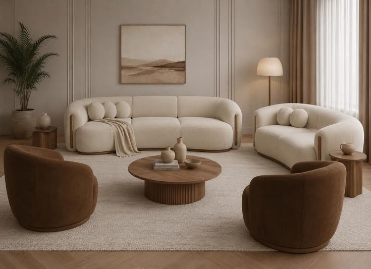 Houseway custom furniture and bespoke living room styling in Hyderabad, featuring curved cream upholstered sofas, brown velvet armchairs, a round wooden coffee table, and fluted side tables.