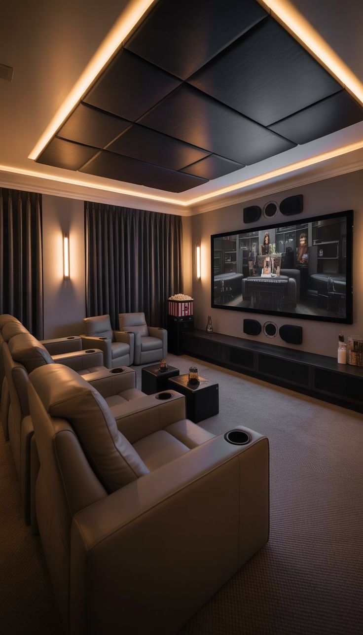 Houseway professional home theatre interior design and acoustic setup in Hyderabad, featuring tiered leather recliners, a large projection screen, acoustic ceiling panels, and ambient lighting.