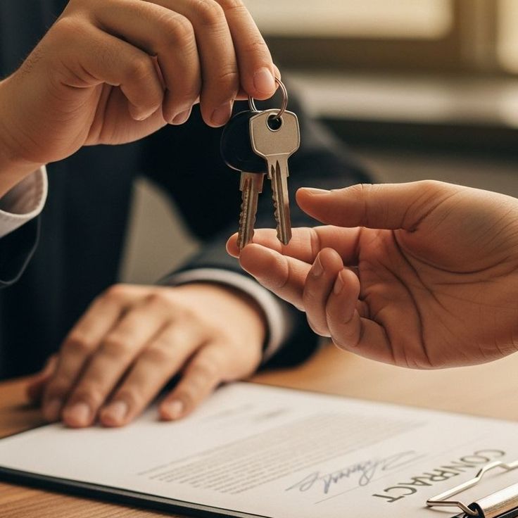 Houseway professional project handover and key delivery services in Hyderabad, featuring a property handover contract signing and keys being handed over to a client.