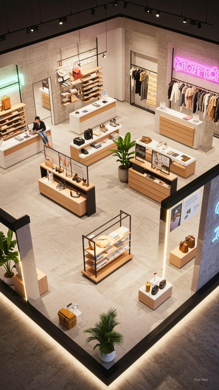 Houseway professional retail store interior design and commercial fit-out services in Hyderabad, showcasing a modern overhead store layout and display fixtures.