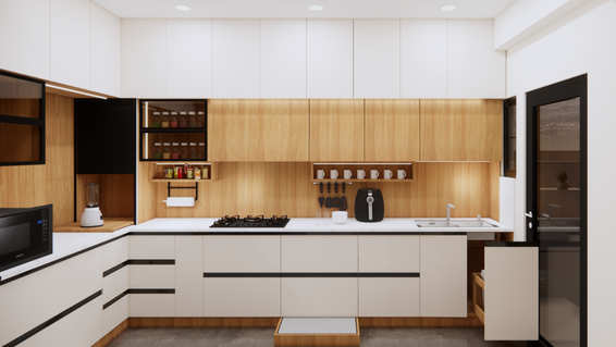 Modern white and wood-grain L-shaped modular kitchen featuring matte white lower drawers, warm timber upper cabinets, and integrated LED lighting in Hyderabad.