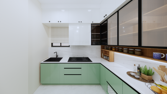 Mint green L-shaped modular kitchen featuring pastel green cabinets, white upper units, black glass-front display shelves, and marble countertops in Hyderabad.