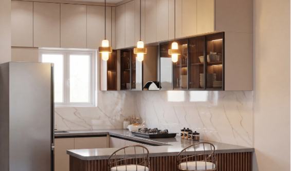 Modern neutral U-shaped modular kitchen with a fluted wood breakfast bar, hanging pendant lights, and glass-door display cabinets in Hyderabad.
