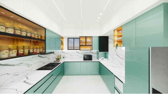 Spacious mint green U-shaped modular kitchen featuring expansive marble counters, mint green floor-to-ceiling cabinets, and backlit open spice shelving in Hyderabad.