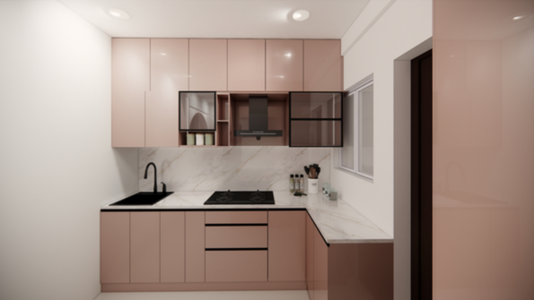 Modern pink L-shaped modular kitchen design in Hyderabad featuring glossy blush pink cabinets, white marble countertops, a black sink, and glass-door upper wall units.