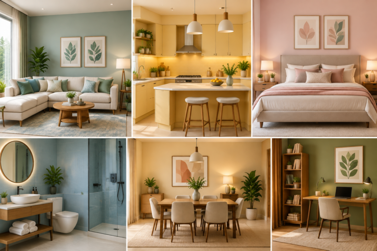 Houseway complete house interior design portfolio in Hyderabad, featuring a multi-room collage showcasing a green living room, yellow modular kitchen, pink master bedroom, blue bathroom, dining room, and study office.