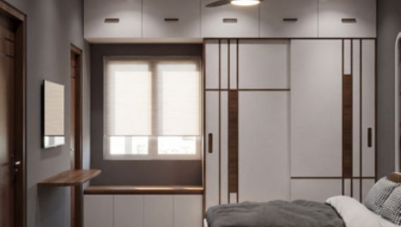 Houseway contemporary sliding wardrobe design in Hyderabad, featuring geometric wood-strip paneling, white sliding doors, loft storage, and an integrated window seat.