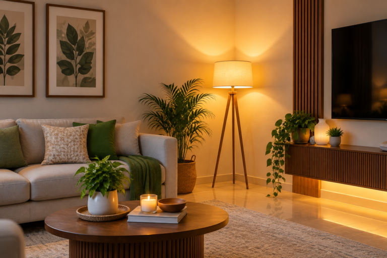 Houseway cozy warm living room lighting design and interior styling services in Hyderabad, featuring a corner tripod floor lamp, under-cabinet LED strip lighting, and ambient candle glow.