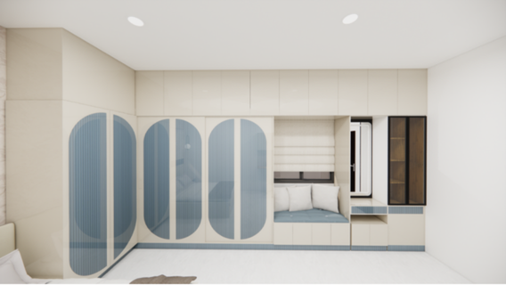 Houseway custom glass-panel wardrobe design in Hyderabad, featuring blue fluted glass arched doors, cream cabinetry, loft storage, a window seating nook, and an integrated dressing vanity.