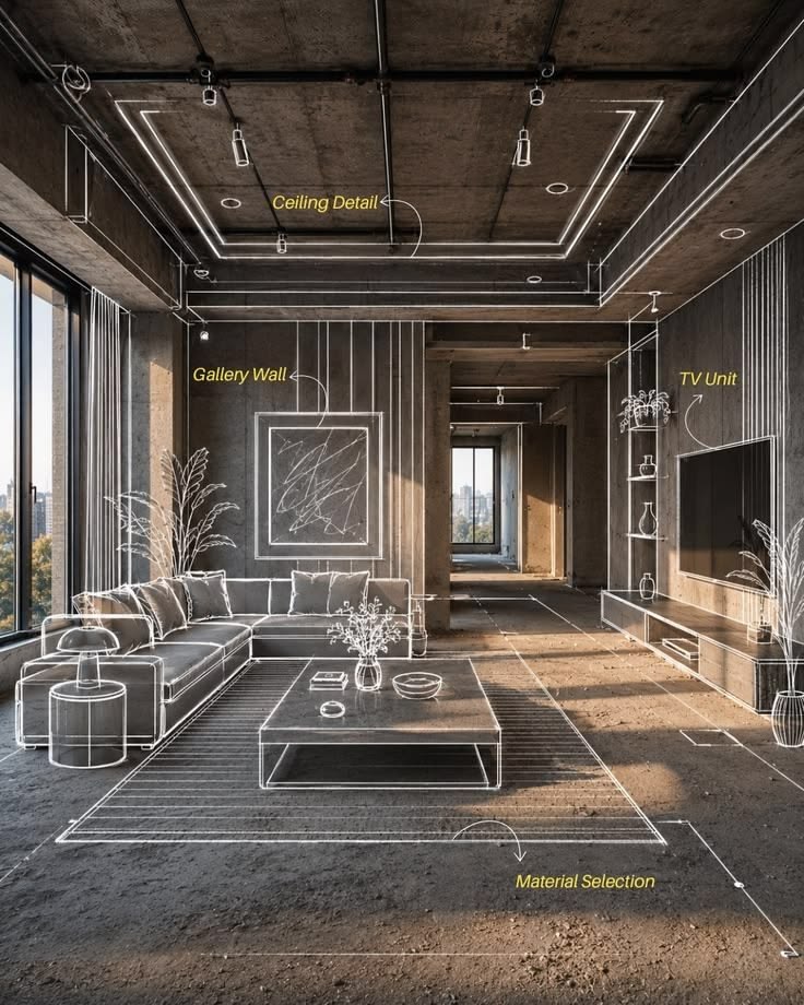 Houseway interior design blueprint-to-reality overlay services in Hyderabad, featuring a raw concrete construction site overlaid with white wireframe sketches and annotations for ceiling details, gallery wall, TV unit, and material selection.