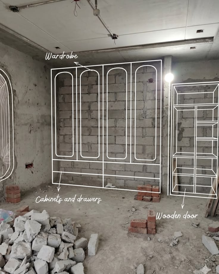 Houseway custom wardrobe and modular storage interior design services in Hyderabad, featuring an unfinished construction site wall overlaid with white wireframe sketches for fitted wardrobes, cabinets, drawers, and shelving units.
