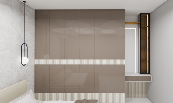 Houseway custom glossy taupe wardrobe and dressing unit design in Hyderabad, featuring high-gloss brown-taupe panels, fluted accent bands, an integrated lighted vanity mirror, and side display tower.