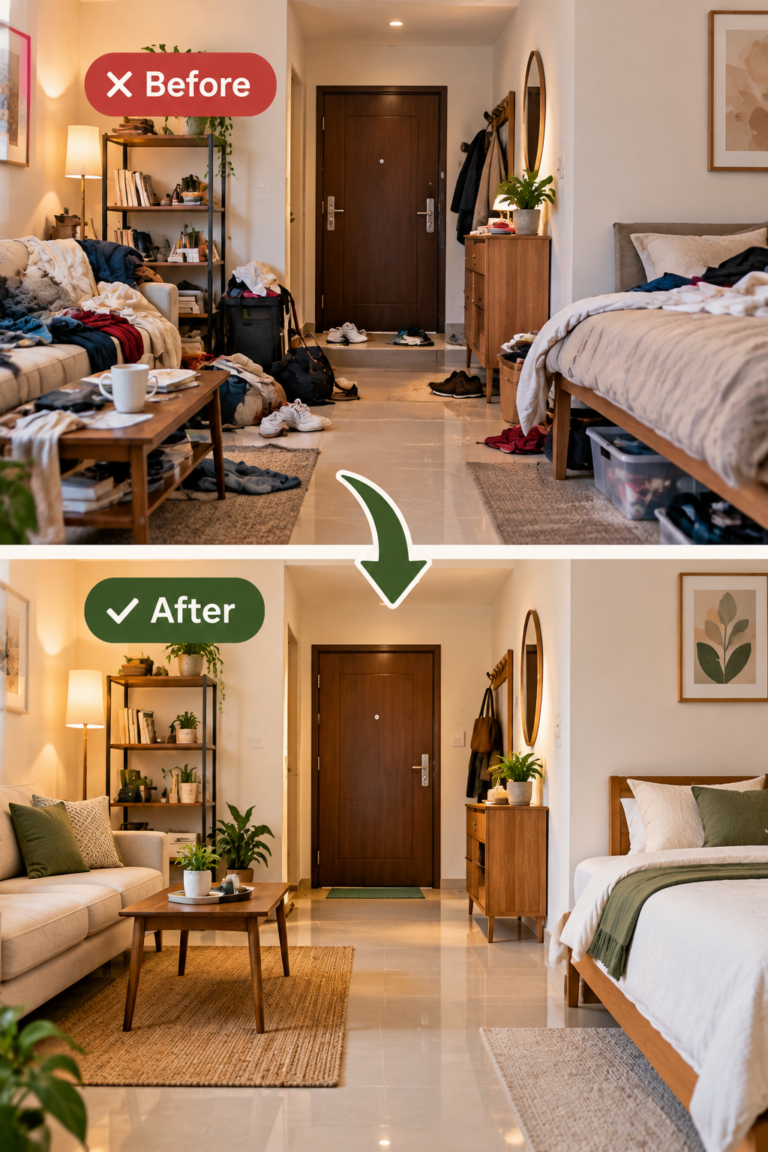 Houseway home decluttering and interior transformation before-and-after services in Hyderabad, featuring a cluttered living room and bedroom comparison transformed into an organized, pristine living space.