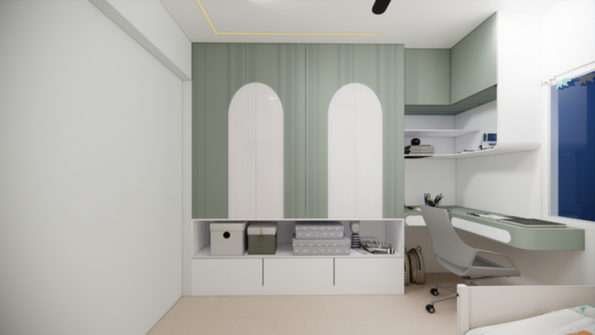 Houseway custom kids' wardrobe and integrated study unit design in Hyderabad, featuring sage green and white arched panels, open toy storage, drawers, and an attached corner study desk.