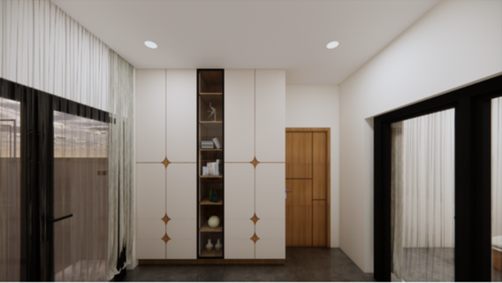 Houseway custom wardrobe designers in Hyderabad, featuring full-height modern white cabinets with geometric brass accents and a central glass display tower.