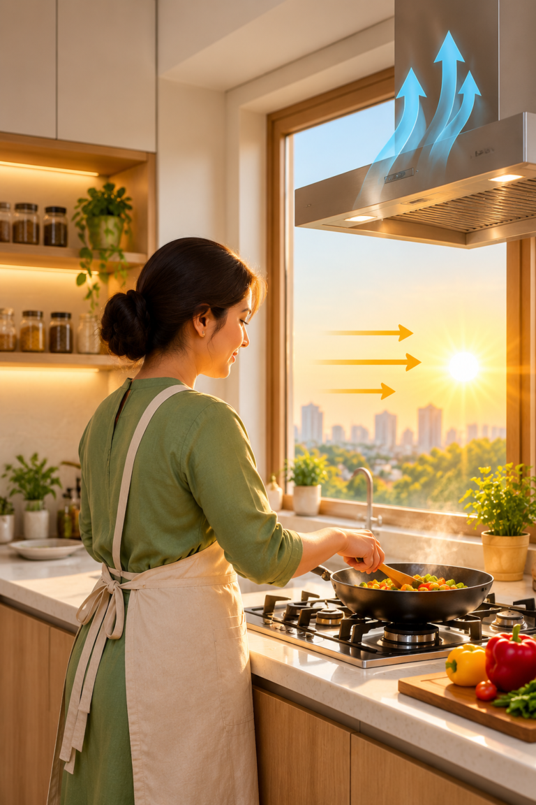 Houseway modern kitchen chimney ventilation and modular kitchen design services in Hyderabad, featuring an ergonomic chimney hood extracting cooking steam and sunlight streaming through a kitchen window
