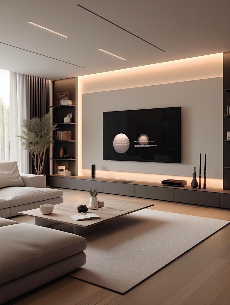 Houseway modern living room media wall design in Hyderabad, featuring a wall-mounted TV panel with warm backlighting, floating storage console, open side shelving, and recessed ceiling lights.