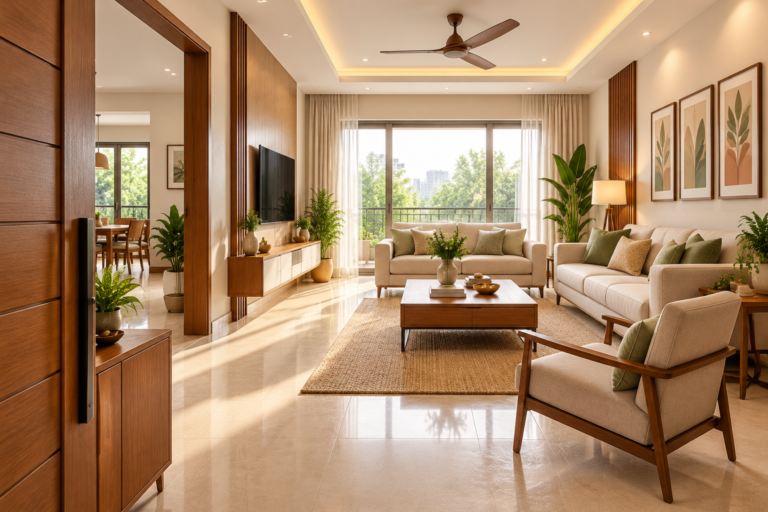 Houseway modern luxury living room interior design services in Hyderabad, featuring a sunlit open-plan living area with neutral sofas, wooden center table, false ceiling with cove lighting, and media wall paneling.