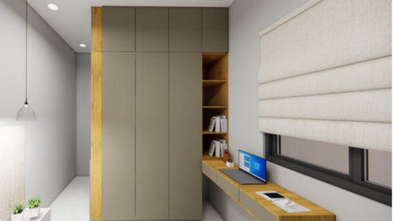 Houseway custom modern wardrobe and integrated study desk design in Hyderabad, featuring muted taupe cabinets, overhead loft storage, open book shelving, and a wooden workspace.