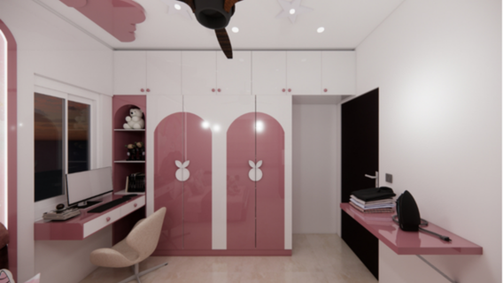 Houseway custom pink kids' wardrobe and study desk design in Hyderabad, featuring glossy rose-pink arched panels with bunny handles, loft storage, and an attached floating study table.