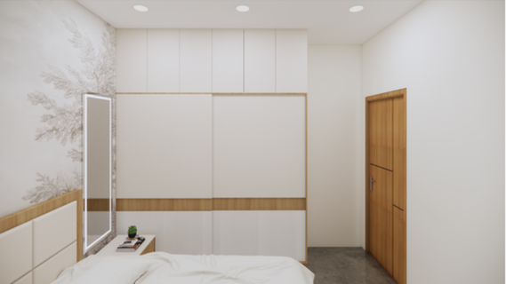 Houseway custom sliding door wardrobe design in Hyderabad, featuring dual-tone white and wood-grain panels, loft storage, and an integrated backlit dressing mirror.