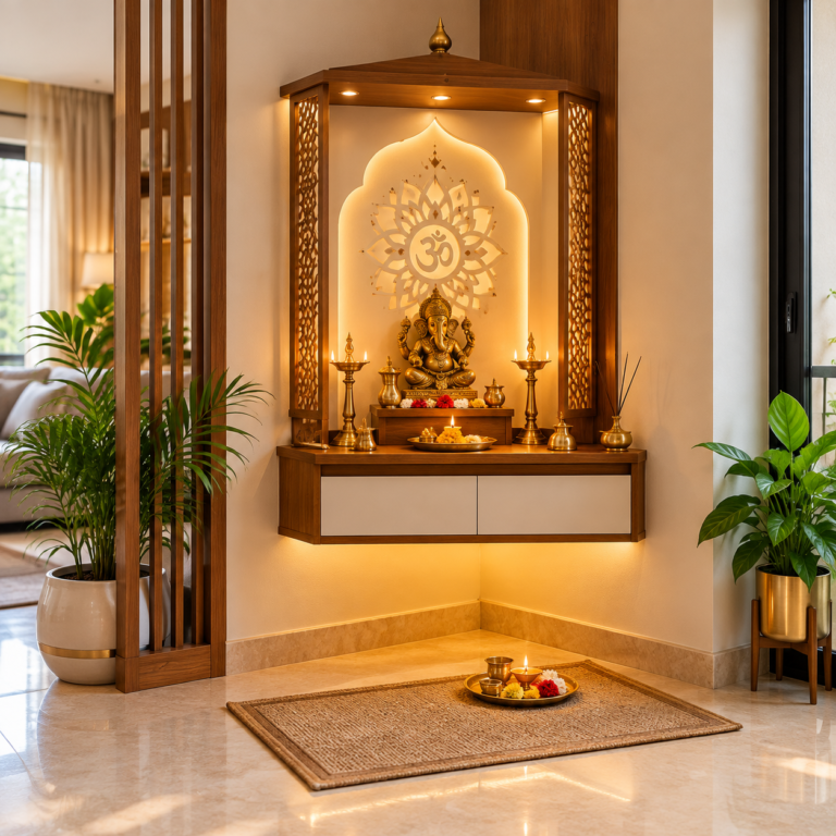 Houseway Vastu-compliant wooden pooja mandir and temple unit design services in Hyderabad, featuring a wall-mounted wooden mandir with backlit Om motif, brass Ganesha idol, and wood-slat partition.