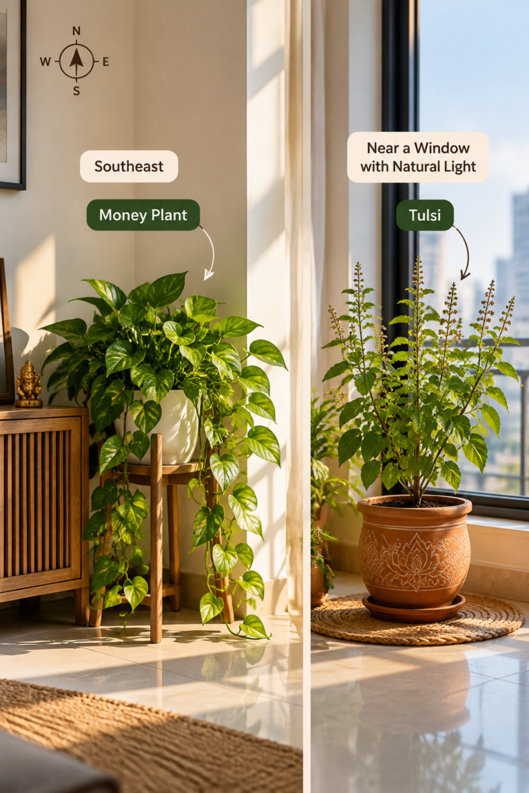 Houseway Vastu Shastra auspicious plants placement guide in Hyderabad, featuring a split-view layout showing a Money Plant placed in the Southeast and a Tulsi plant positioned near a window with natural light.
