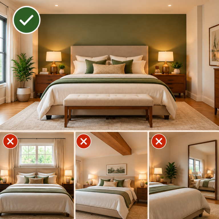 Houseway Vastu Shastra bedroom bed placement and master suite design guide in Hyderabad, featuring comparative layouts with correct positioning marked by a green check and incorrect placements marked with red crosses.