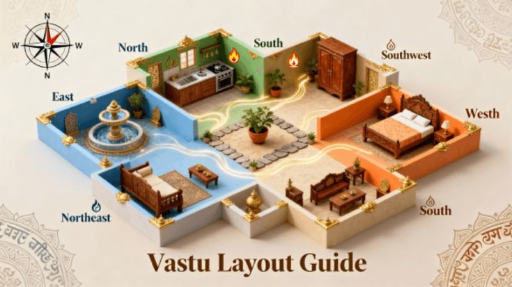 Houseway Vastu Shastra house layout guide and directional room zoning services in Hyderabad, featuring a 3D isometric house model with compass directions, water features in the East, kitchen in the North, and master bedroom in the Southwest.