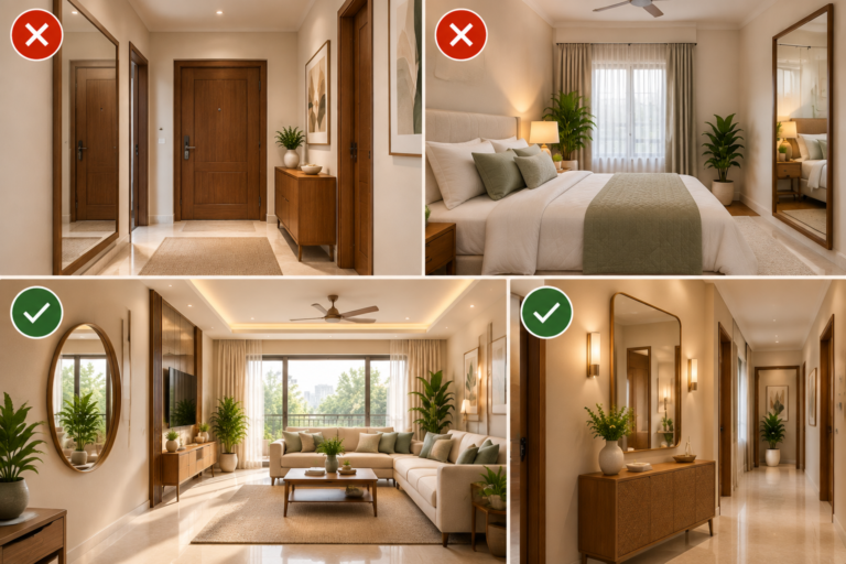 Houseway Vastu Shastra mirror placement guide and home interior styling services in Hyderabad, featuring comparative layouts showing incorrect mirror positions with red crosses and favorable placements with green checkmarks