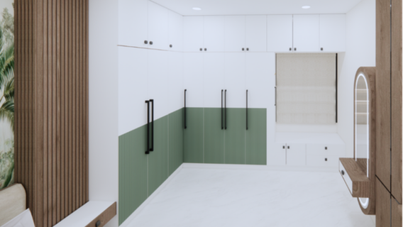 Houseway custom walk-in closet and L-shaped wardrobe design in Hyderabad, featuring dual-tone white and sage green cabinets, loft storage, and a built-in window seating nook.