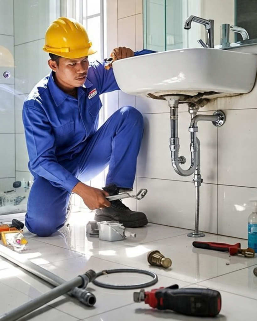 Houseway bathroom plumbing installation and sanitary design services in Hyderabad, featuring a multi-panel visual guide of a professional plumber installing a sink trap, exposed PVC water supply pipe networks, drainage schematics, finished bathroom interiors, and rough-in wall plumbing.