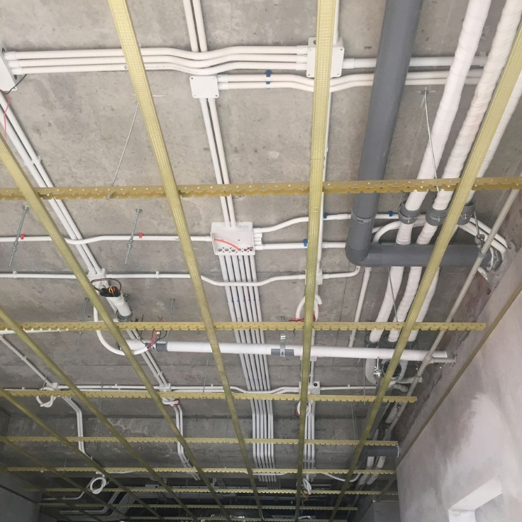 Houseway electrical lighting and ceiling wiring construction planning services in Hyderabad, featuring a multi-grid compilation of architectural floor electrical layouts, false ceiling conduit installations, modular switch panels, and ambient wall lighting fixtures.