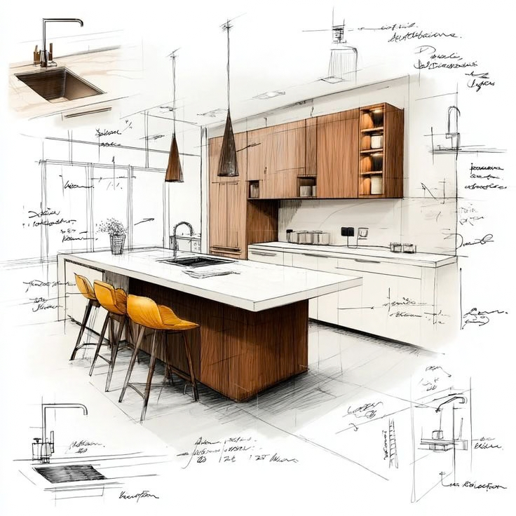 Houseway modular kitchen architectural sketch and concept drafting services in Hyderabad, featuring a detailed perspective drawing of an island kitchen with annotations, wood cabinetry, and bar stools.
