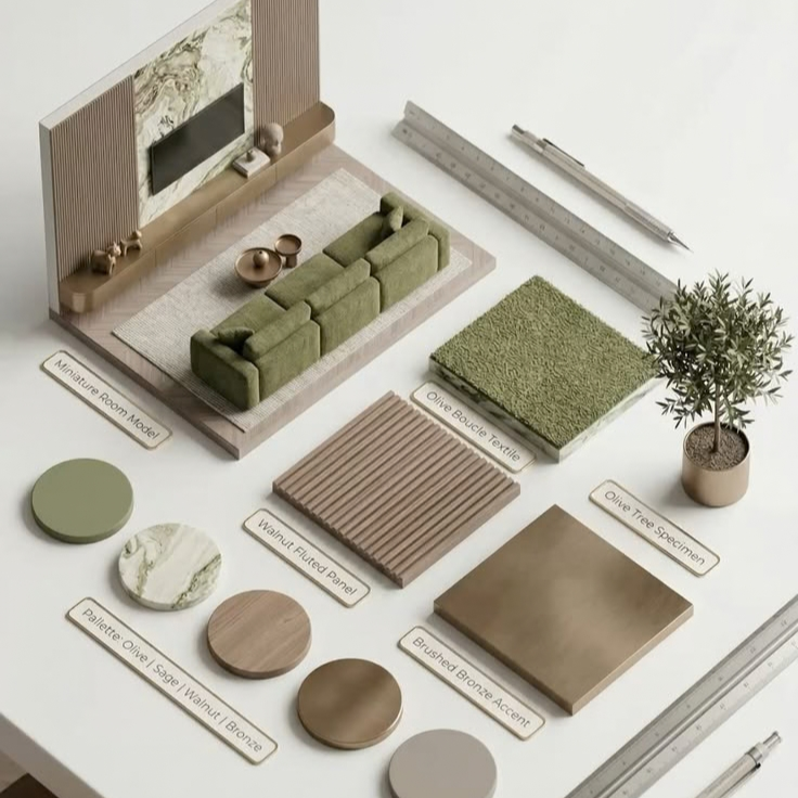 Houseway interior design material palette and mood board curation services in Hyderabad, featuring a miniature room model layout alongside olive boucle textile, walnut fluted panels, marble samples, and brushed bronze accents