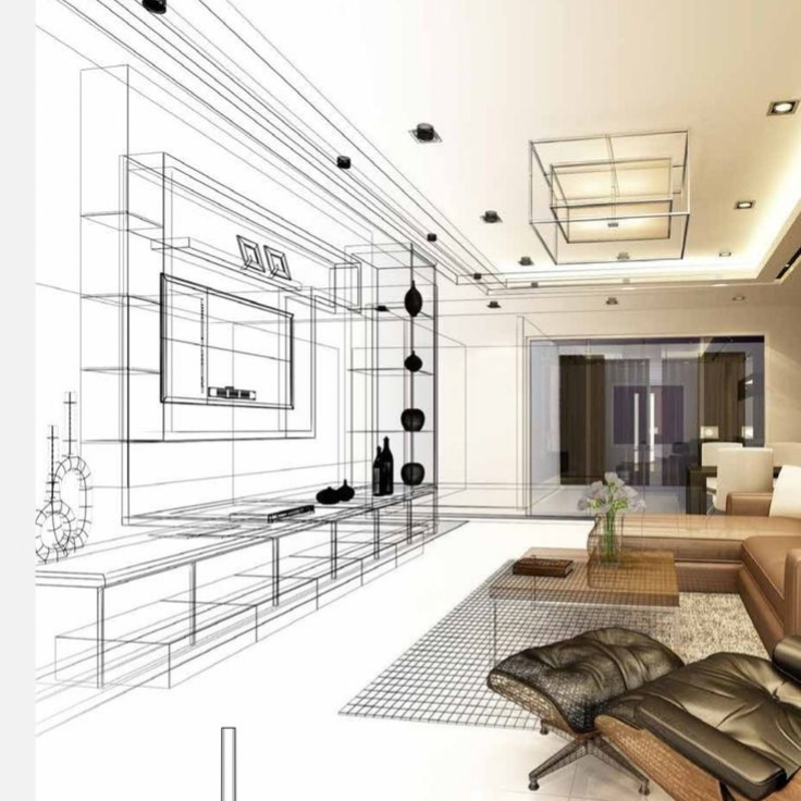 Houseway 3D interior design wireframe and architectural rendering services in Hyderabad, featuring a living room transitioning from a technical wireframe sketch into a fully rendered luxury interior.