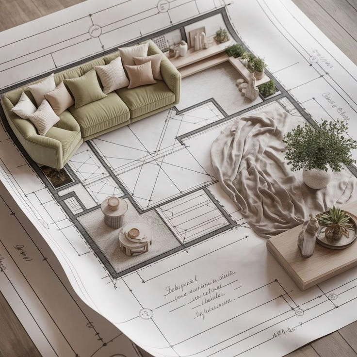 Houseway isometric 3D living room floor plan and architectural design services in Hyderabad, featuring a 3D sectional furniture layout rendered directly over detailed technical blueprints.