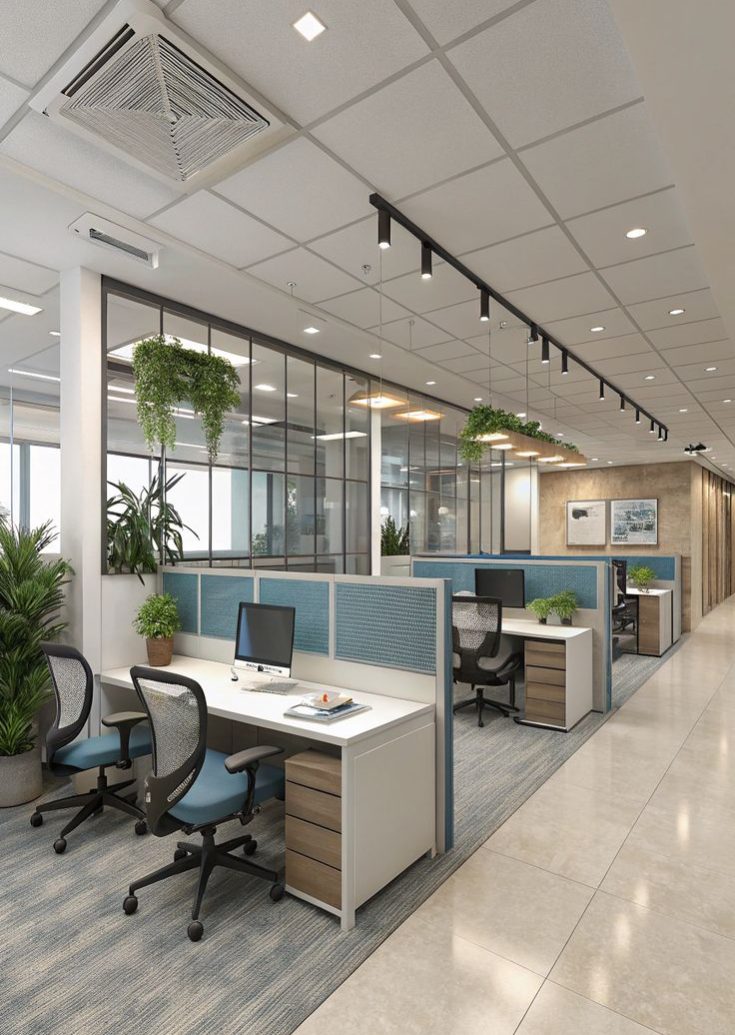 Modern corporate office interior in Hyderabad featuring blue acoustic workstation partitions, ergonomic mesh chairs, track lighting, and glass dividers with hanging indoor plants.