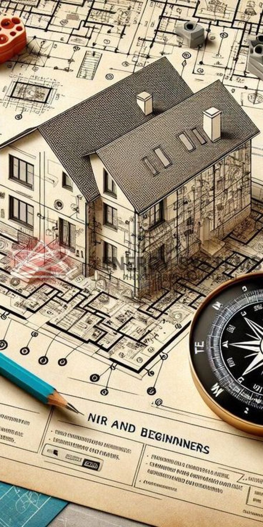 Houseway architectural blueprint and custom house design services in Hyderabad, featuring a 3D architectural model over technical blueprints, drafting pencils, and a brass compass.