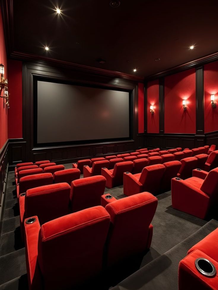 Houseway luxury home theatre design in Hyderabad, featuring tiered plush white seating, custom film-strip wall panels with ambient backlighting, a projection screen, and wood-paneled acoustics.