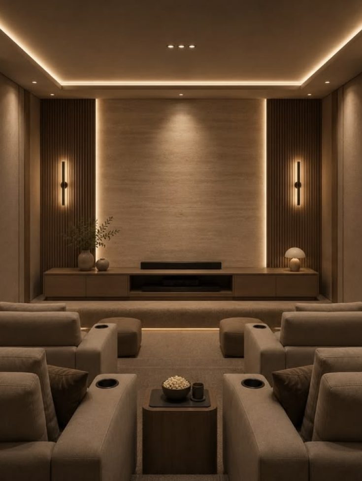 Houseway minimalist home theatre design in Hyderabad, featuring warm vertical strip lighting, fluted wood wall panels, tiered neutral recliners, and a low media console.
