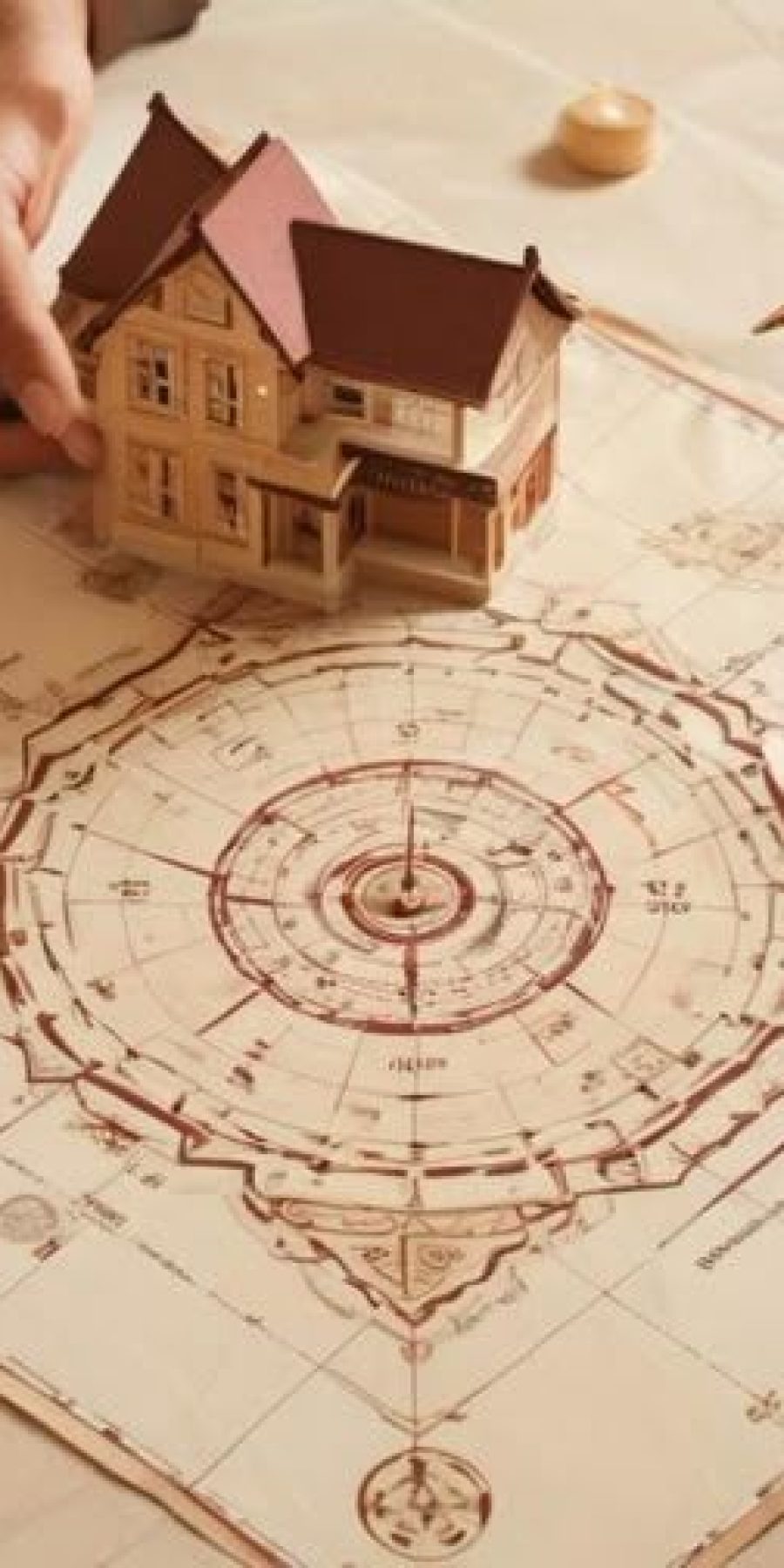 Houseway Vastu house planning and positive living space design services in Hyderabad, featuring an architectural model placed over a traditional Vastu Purusha Mandala chart.
