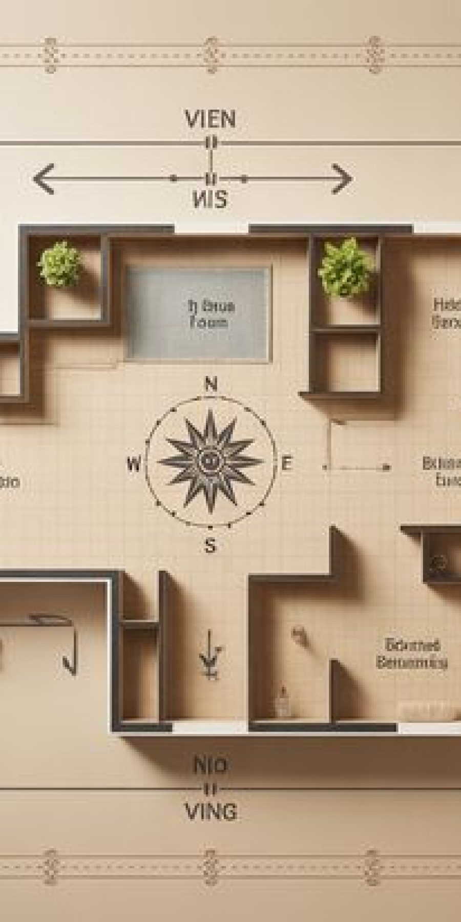 Houseway Vastu Shastra home floor plan and directional layout design services in Hyderabad, featuring an architectural blueprint mapped with compass directions, room zonings, and decorative elements.